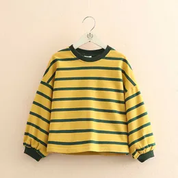 Vår Höst Casual 3-12 år 100-150cm Söt barn Bomull Färgrik Stripe Loose Big Story Sweatshirt för barn Baby Girl 210529