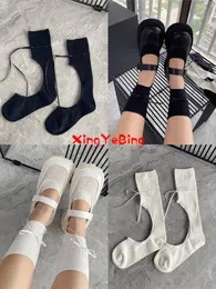 Socks & Hosiery Girls Cut Ribbon Stockings Sports Leisure Draw Rope Street Personality Black And White Cotton In High Leg