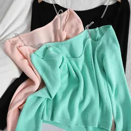 Spring fashion chain strapless sexy slim Sweater top all-match Korean style comfortable waist knit sweater women jumper 210420