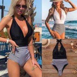 Navy Blue Floral Deep V-neck Halter Swimsuit Sexy Backless Lace Up Women Monokini Beach Bathing Suits Swimwear B425 210702