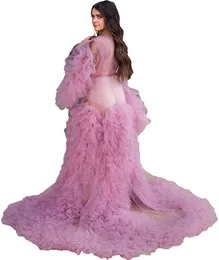 Fuchsia Schwangere Abendkleider Foto Roben Pyjama Robe V-Ausschnitt Langarm Applikationen Spitze Tüll Kleider Maßgeschneiderter bodenlanger Bademantel Netzkleid