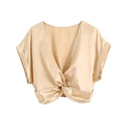HSA Sexig Deep V-Neck Ladies Kontor Blusskjorta Vår Kortärmad Bow Hem Solid Skjortor Kvinnor Koreanska Satin Silk Tops 210430