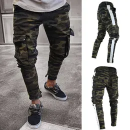 Mens Cargo Pants Denim Jeans Byxor Slim Fit Streetwear Hip-hop Casual Höst Pläterad Skinny Camouflage Stretch Sportwear x0621