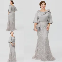 Gri Gümüş Dantel Anne Gelin Elbiseler Yarım Kollu Dantel Mermaid Düğün Konuk Elbise Artı Boyutu Örgün Akşam Giyim Abiye