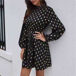 Foridol Gold Polka Dot Winter Black Dress Women Stand Collar Ruffle Vintage Ladies Office Basic Dress Long Sleeve Elegant Dress 210415