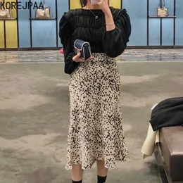 Korejpaa mulheres vestido conjuntos coreano retro plissado camisa chiffon top e moda leopard spot cintura alta saia longa terno feminino 210526