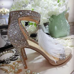 2023 Fashion Feather Wedding Shoes 4 Inch High Heel Crystals Rhinestone Bridal Shoes With Zipper Party Sandals Shoes for Women Siz242o