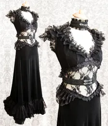 VNTAGE Victorian Black Suknie Wieczorowe V Neck Sexy See przez Długie Specjalne okazje Sukienki Plisy Koronki Satin Woman Formal Party Suknie Recepcja Prom Dress 2022 Nowy