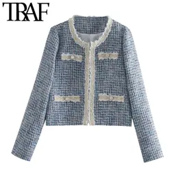 TRAF Women Fashion Patchwork Checked Tweed Jacket Coat Vintage Long Sleeve Frayed Trim Female Outerwear Chic Tops 210415