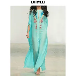 Turquoise Bohemian Embroidered Bats Sleeve Long Summer Dress Beach Kaftan Plus Size Women Beachwear Maxi Robe N922 Women's Swimwear