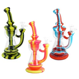 Shishas 9,6 Zoll interne Recycle Pot Style Dab Rig Wasserpfeife mit Glaskopf, unzerbrechliche Silikonbong