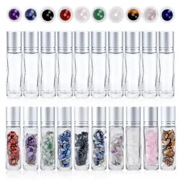 10st Natural Semiprecious Stones Essential Olje Gemstone Roller Ball Flaskor Transparent Glas 10 ml Healing Crystal Chips Inside 210607