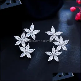 Stud Earrings Jewelry Cwwzircons Trendy White Cubic Zirconia Sier Color Cluster Flower Leaf For Women Chic Korean Style Cz933 Drop Delivery