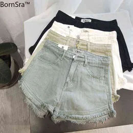 Bornsra Spring and Lato Style Praktyczne łatwe do dopasowania / Pokaż cienkie Color Solid Color Retro High Waist Fringed Denim Shorts 211129