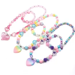 Mode Herz Anhänger Perlen Halskette Armband Bunte Mädchen Kinder Perlen Schmuck Set Adordeable Kleinkind Kind Geschenke