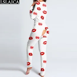 Fashion Women Clothing Lips Printing Home Style Jumpsuits for Long Sleeve Hollow Out Casual Abbigliamento Donna 210520