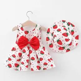 Dziewczynek Suknie Z Kapeluszem 2 sztuk Ubrania Zestawy Ubrania Dla Dzieci Baby Bez Rękawów Birthday Party Szelki Drukowanie Princess Dress0-3y Q0716