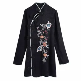 Mulheres flor bordado jacquard mini vestido chinês estilo feminino manga comprida roupas casuais senhora solta vestido d6925 210430