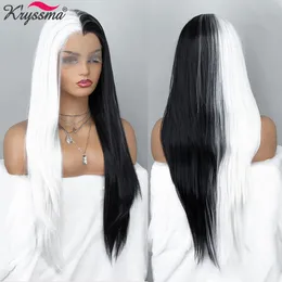 Half Black Lace Front Wigs Half White Long Straight Synthetic Wigs Blue Green Pink Cosplay Wigs For Women Heat Hairfactory direct