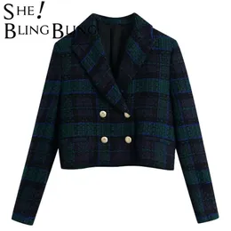 She Dollingbling Za Women 's Two Piece Blazers 정장 격자 무늬 자른 자켓 세트 여성 코트 빈티지 슬림 outwear 자르기 탑 작업복 211019