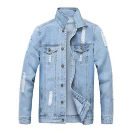 Jeans Jakcet Herr Blå jeansjackor Man Vår Höst Kläder Streetwear Casual Slim Fit Ripped Jean Coat