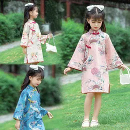 2021 Autumn New Girl Dress Long-Sleeved Improved Cheongsam Children Teenager Chinese Style Princess Dress G1218