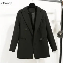 eDressU Women Loose Blazer Jacket Black Casual Suit Spring Double Breasted Office Business Outwear ZX-3 211006