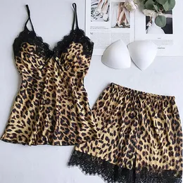 Women's Sleepwear 4pcs Pajamas Women Leopard Set Sexy Lingerie Satin Silk Cardigan Nightdress Ladies Underwear 2021