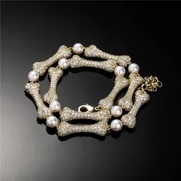 Hip Hop Iced Out Chain Full Zircon Bone Pearl Bracelet Men's and Women's Cuban Link Chains