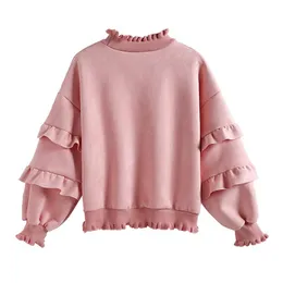 Women Pink Khaki Stand Collar Ruffle Chamois Suede Puff Sleeve Sweatshirts Pullovers Autumn Winter H0080 210514