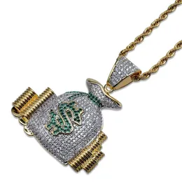 Money Bag Stack Cash Coins Pendant Necklaces Gold Iced Out Bling Cubic Zircon Necklace Men Hip Hop Jewelry