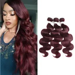 Pacotes de cabelo humano de onda corporal brasileira 99J/Borgonha Teave de cor vermelha de 8 a 20 polegadas Extensão não Remy 3/4pcs