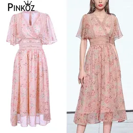 Kobiety Lato Elegancka Szyfonowa Różowa Dress Festa Wysokiej Jakości Party Robe Femme Lace Projektant Imperium Talii Suknie Vestidos 210421