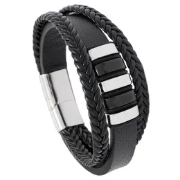 Herren-Armband mit Magnetverschluss, klassischer, mehrschichtiger Luxus-Stil, Edelstahl, PU-Leder, Punk-Armband, handgewebt