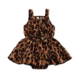 Lioraitiin 0-18m Nyfödd spädbarn baby flicka romer mode ärmlös leopard tryckt klänning patchwork jumpsuit outfit g1221
