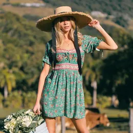 Vintage şık kadın hippi yeşil çiçek baskı v yaka bohemian mini elbise sladies parlama kol boho elbiseler vestidos a590 kadın mayoları