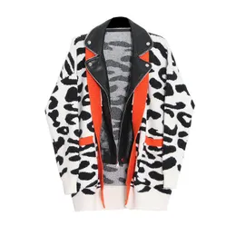 Spring Casual Korea Large Size Knit Leather Jacket Trend White Leopard Coat Oversize Ladies Zipper Overcoat 210510