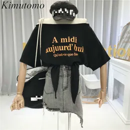 Kimutomo letra imprimir fora do ombro mulheres t-shirt korea chique verão senhoras soltas barra de pescoço de manga curta laço tops 210521