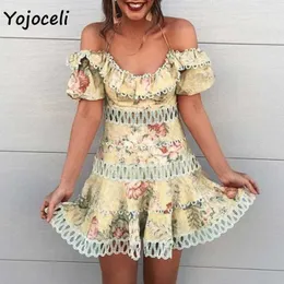 Yojoceli Summer Jacquard Lace Dres Hollow Out Crochet Mini Off Ramię Kobiet Vestidos Party Club 210609