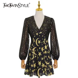 Drucken Geometrisches Kleid für Frauen V-Ausschnitt Laternenhülse Hohe Taille Vintage Kleider Weibliche Modekleidung 210520