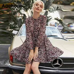 Aachoae Boho Style Floral Print Pleated Dress Long Sleeve Women Mini O Neck Loose Ladies es Beach Sundress Ropa Mujer 210623