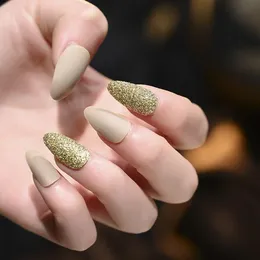 Shiny Sequins glitter False Nails trips 24pcs Summer pointed sharp French Nail Tips Fake Transparent Full Cover Wear Finger Art