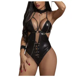 Kobieta skóra stroju kąpielowego seksowna bielizna bodysit One Piece SM Costume Biecids for Play Ensemble Femme Sous Vetement