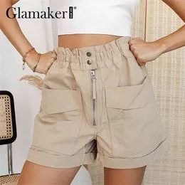 Glameer Office Bayanlar Rahat Cep Şort Moda Gevşek A-Line Zarif Kısa Pantolon Yaz Bahar Kadınlar 210719
