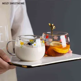 MDZF 400ml Flower Milk Cup With Spoon Coffee Breakfast Mug Set Dessert Plate Japanese Style Water Cup And Dish Cute Girls Gifts 210804