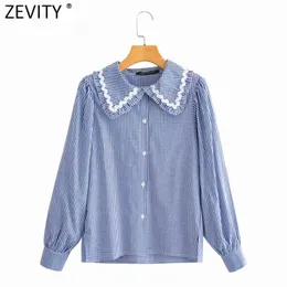 Kadın Tatlı Peter Pan Yaka Ekose Baskı Rahat Bluz Ofis Lady Puf Kol Fırfır Retro Fransız Gömlek Chic Tops LS9274 210416