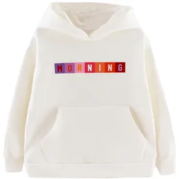 Höst Bomull Loose Sweatshirt Girl Hooded Brev Morning Print Sportkläder Teenage White / Pink Pullover Långärmad Hoodies 8 12y 210622