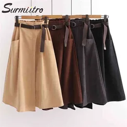 Surmiitro осень зима средняя длина юбка женщины корейский стиль супер качество черная высокая талия MIDI длинная юбка женщина с поясом 210730