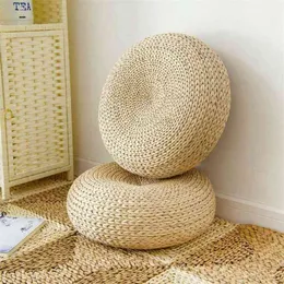 1 Pcs Natural Straw Round Pouf Tatami Cushion Floor Cushions Meditation Yoga Round Mat Chair Cushion Japanese-style Cushion 210716