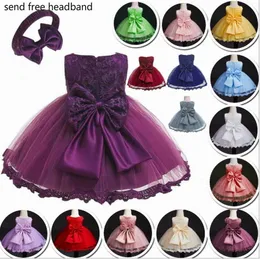 Lace Flower Baby Dress Gauze Sleeveless Big Bow First Birthday Dresses for Party Wedding free headband Clothes 0-2Y 7722BB 210610